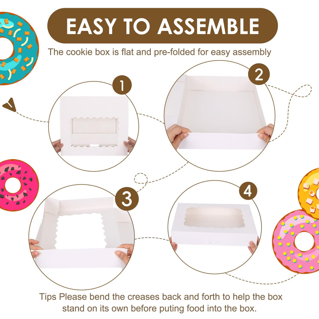 Moretoes 40pcs Cookie Boxes, 14x10x2.5 Inch Auto-Popup Bakery Boxes with Window, for Donuts, Pies, Cakes, Muffins, and Pastries