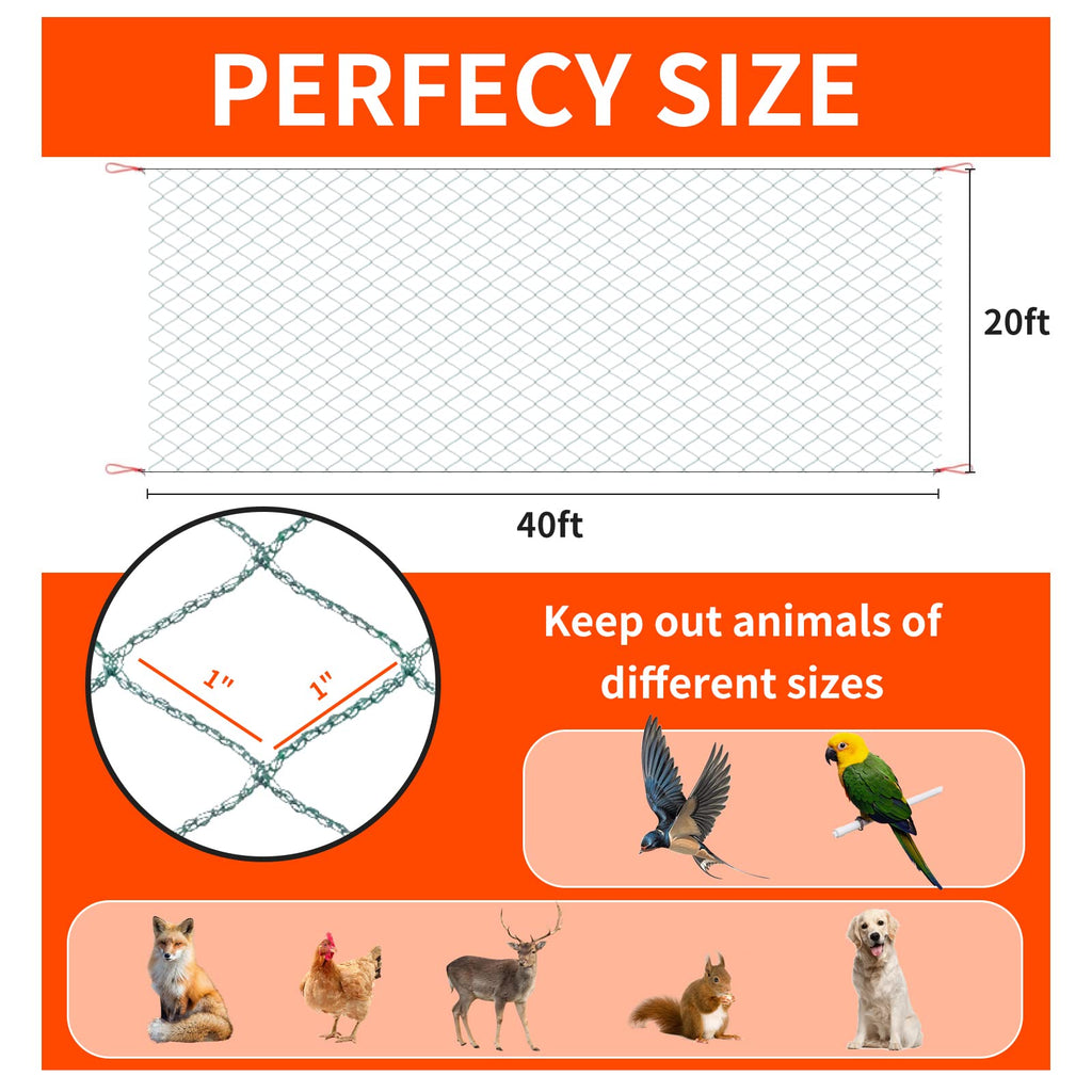 Bird Netting 20'x40' with 1" Square Mesh Bird Net Garden Netting for Chicken Coop, Aviary, Deer Fence, Chicken Netting Fruit Tree Netting