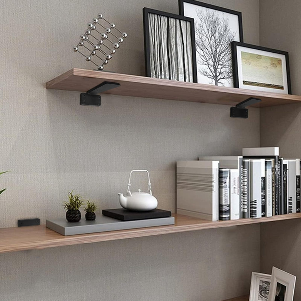 HITOMEN Heavy Duty Floating Shelf Brackets, 12-Inch (1/5'' Thick) Hidden Shelves Hardware, Iron L Brackets, Rustic Industrial Black Metal Wall Shelving Supports, 4 Pack