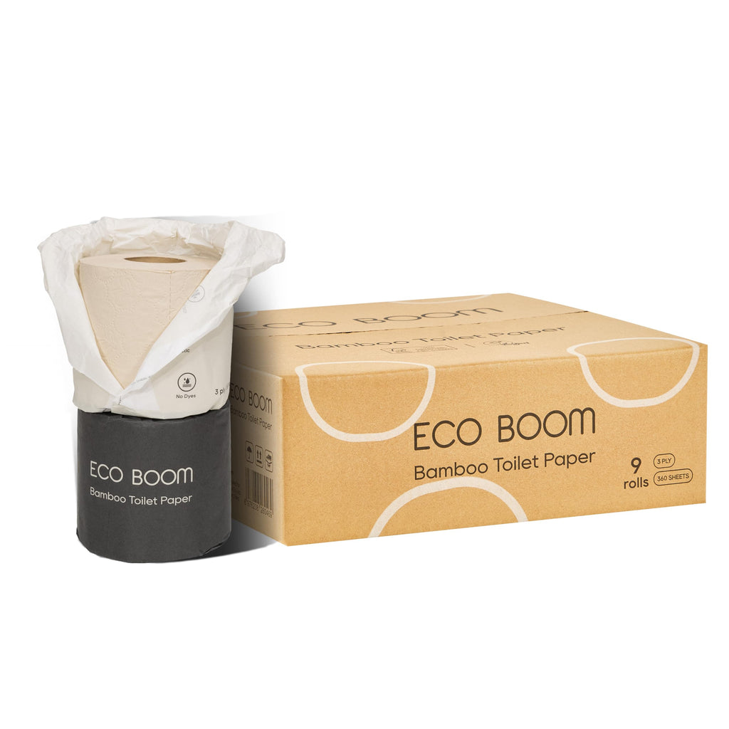 ECO BOOM Unbleached Bamboo Toilet Paper, 100% Tree-Free & Plastic-Free, 3-Ply Strong, FSC Certified, Unscented, 9 Rolls, 360 Sheets | PFAS Free, BPA Free & Septic Safe