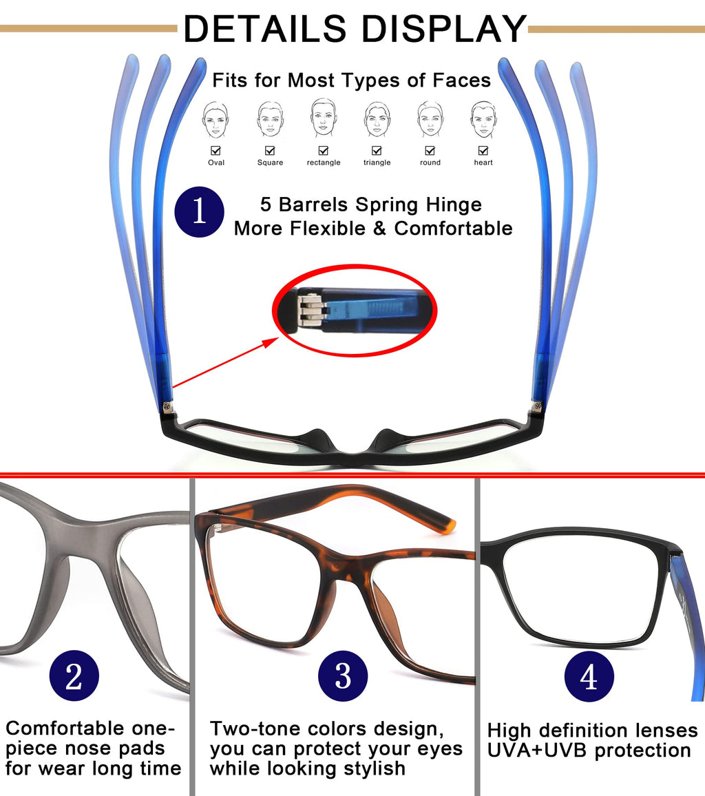 Blue Light Blocking Reading Glasses for Men 4-Pack Stylish Computer Readers with Spring Hinges,Anti Glare/Eye Strain Filter UV Ray Lightweight Reader Eyeglasses,+1.5 Magnification Strength