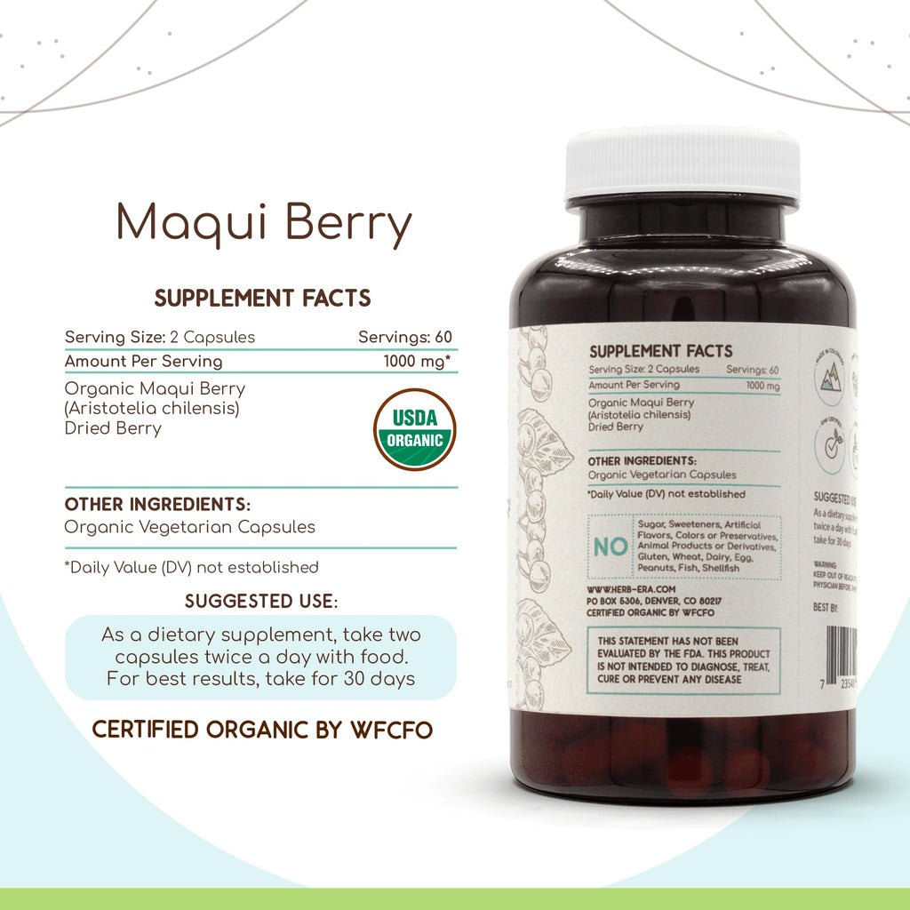 HerbEra Maqui Berry USDA Organic 120 Capsules | Natural Herbal Supplement | Certified Organic Vegetarian Capsules and Organic Aristotelia chilensis Dried Berry (120 Capsules)