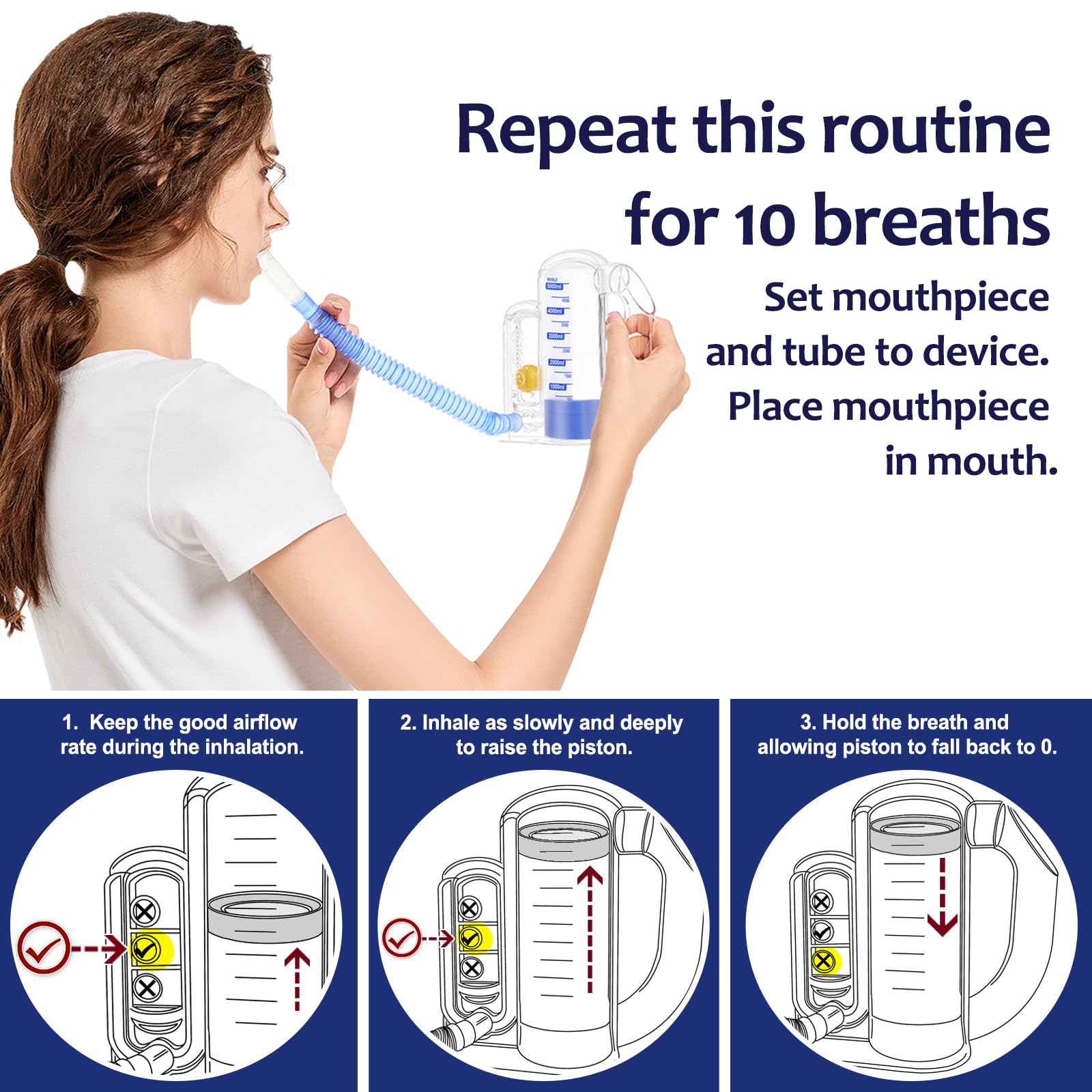 Breathing Exercise Device for Lungs, Lung Exerciser Device – 5000ml Volumetric Deep Breathing Trainer with Flow Rate Indicator for Respiratory Health & Recovery