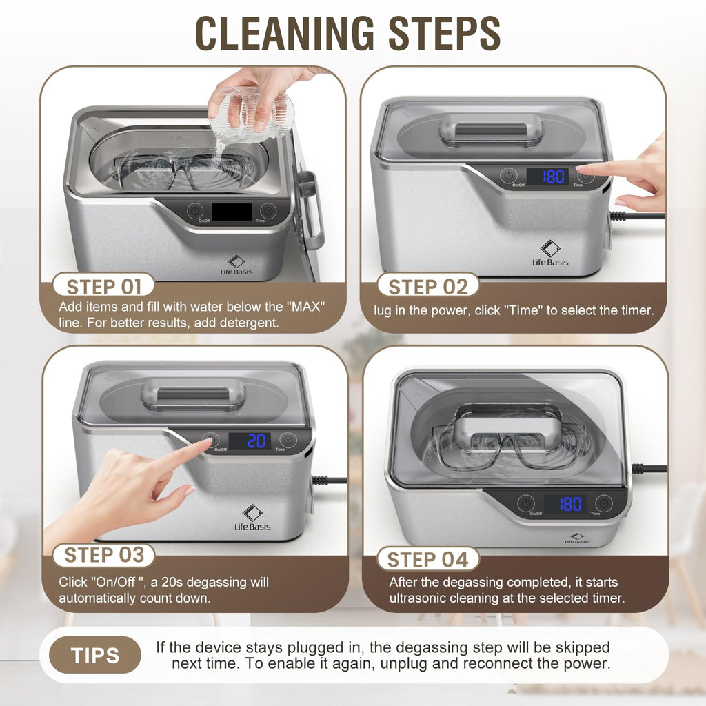 LifeBasis Ultrasonic Cleaner, Professional 45kHz Ultrasonic Jewelry Cleaner 20 Ounces (600ML) with Digital Timer, Watch Holder Ultrasonic Glasses Cleaner for Rings, Coins, Watches, Dentures, Silver