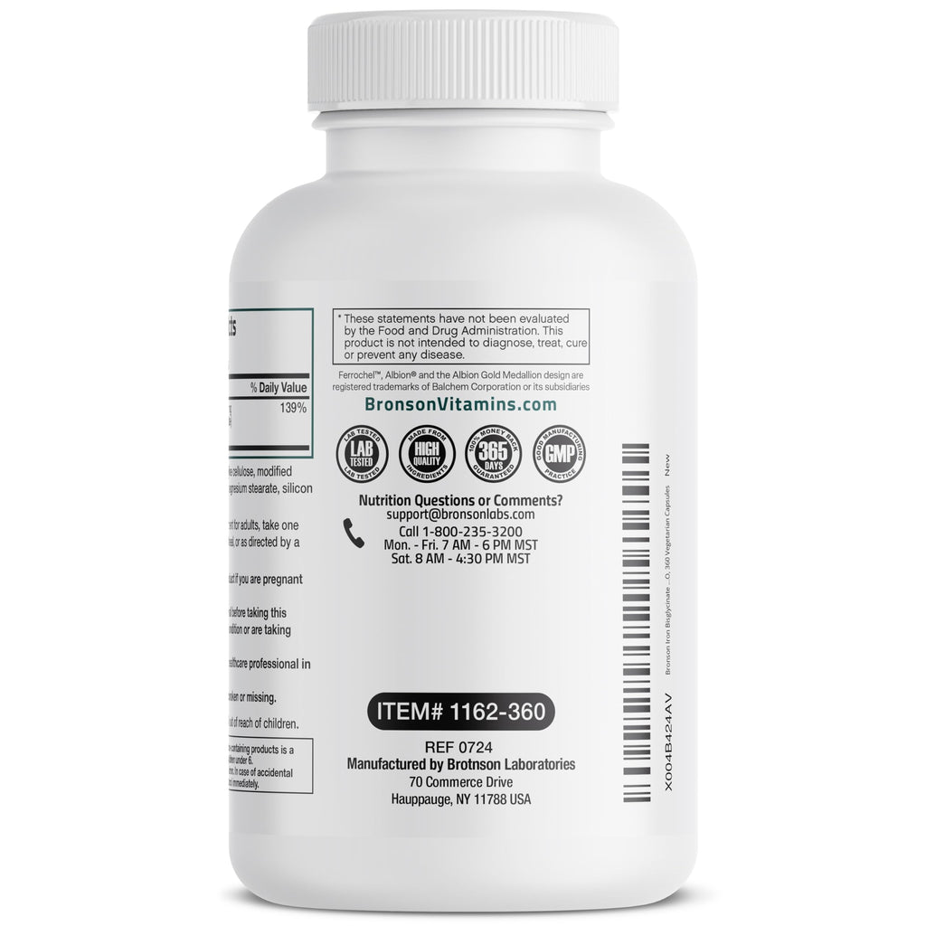 Bronson Iron Bisglycinate 25 mg Gentle on The Stomach, Supports Energy & Healthy Red Blood Cell Production - Non-Constipating Formula - Non GMO, 360 Vegetarian Capsules