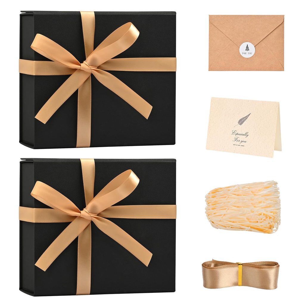 LIFELUM Gift Box 2 Pack 8 x 7 x 3 Christmas Gift Boxes with Magnetic Lid Rose Gold Gift Box with Ribbon Sturdy Storage Box for Presents Contains Card, Ribbon, Shredded Paper Filler