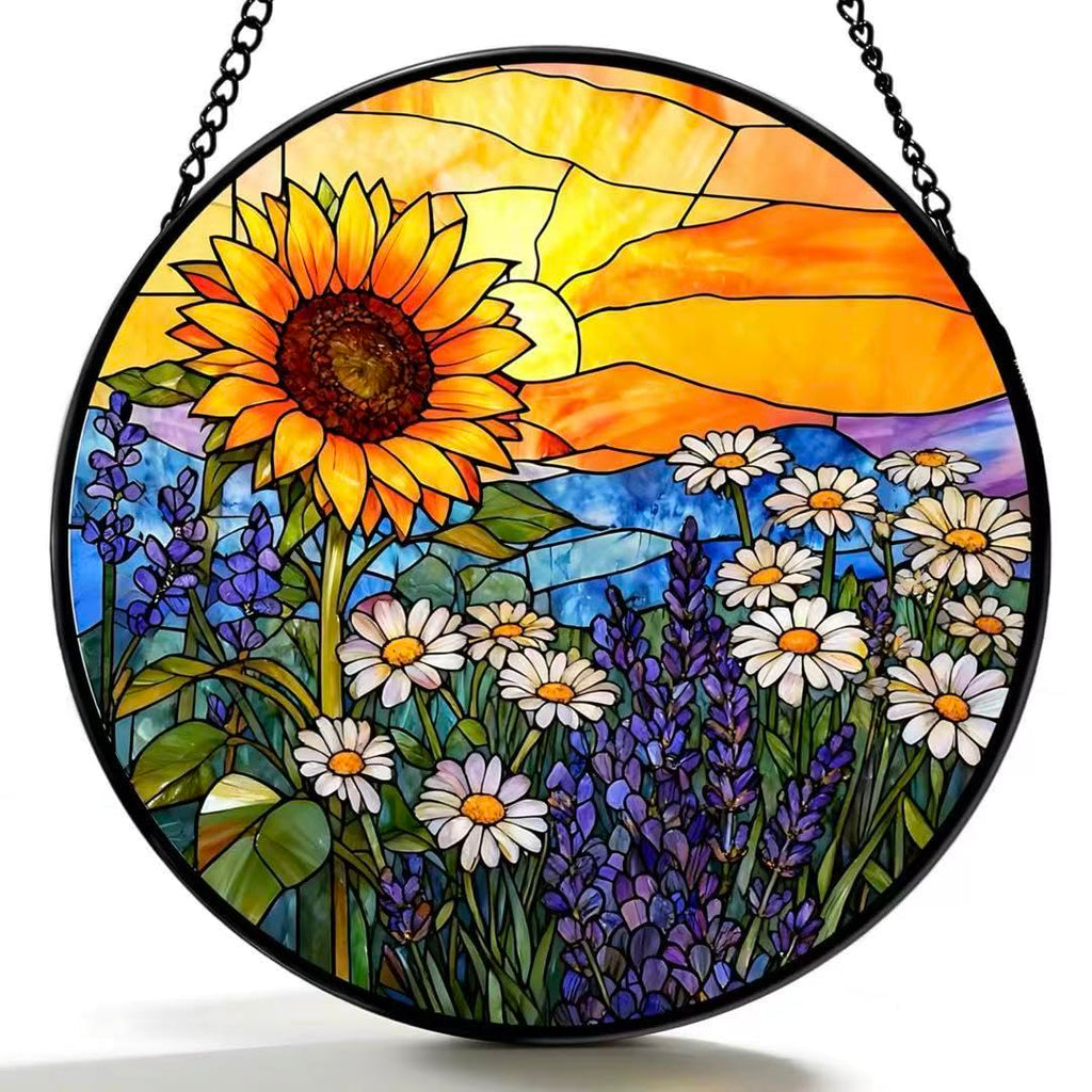 Argodaze Stained Glass Window Hanging - Sunflowers, Daisies, Lavender and Sunset 6.3 Inches Suncatcher for Garden Home Decor for Women Mom Grandma Friends