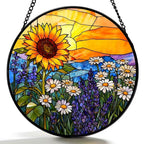 Argodaze Stained Glass Window Hanging - Sunflowers, Daisies, Lavender and Sunset 6.3 Inches Suncatcher for Garden Home Decor for Women Mom Grandma Friends