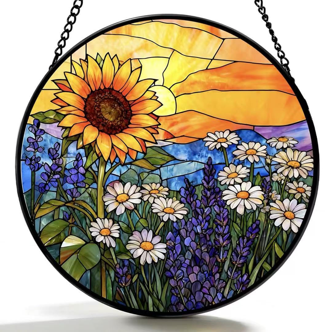 Argodaze Stained Glass Window Hanging - Sunflowers, Daisies, Lavender and Sunset 6.3 Inches Suncatcher for Garden Home Decor for Women Mom Grandma Friends