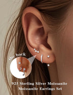 Moissanite 925 Sterling Silver Flatback Stud Jacket Earring Stacks 3 Pairs