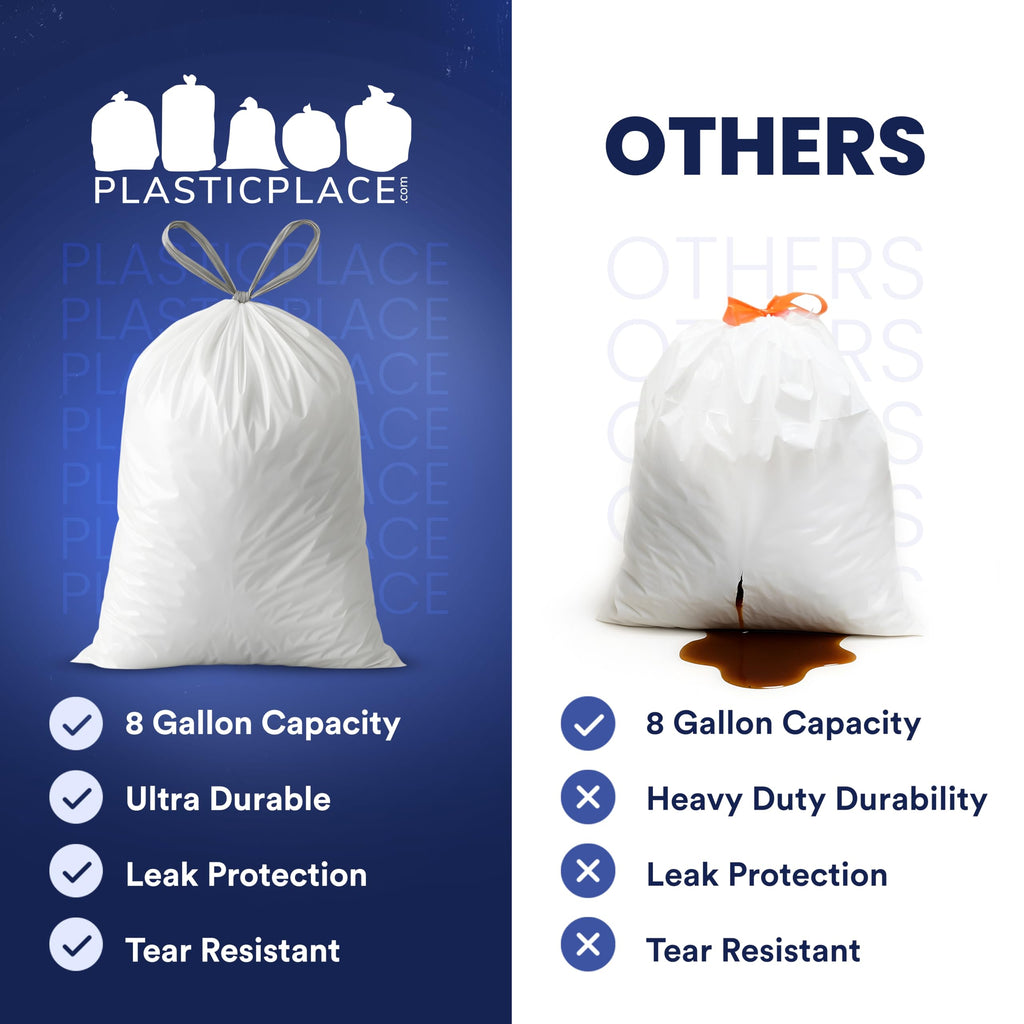 Plasticplace 8 Gallon Trash Bags: Premium White Drawstring Garbage Bag, 0.7 Mil Thickness, Durable Trash Can Liners, Garbage Bags for your Trash Can, Ring Size 22" x 22" (Pack of 100)