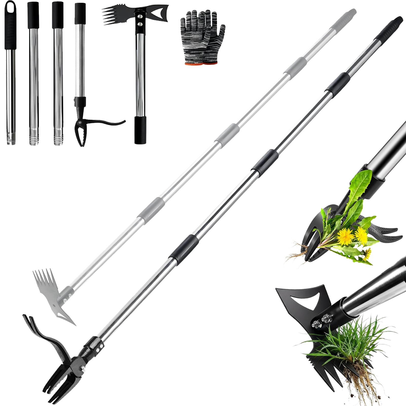 KINFIDTOW 58" Stand Up Weed Puller Tool with Long Handle, 2 in 1 Manual Weeder & Garden Hoe, 4-Claw Steel Head Weed Remover with Gloves for Yard Lawn Patio Garden