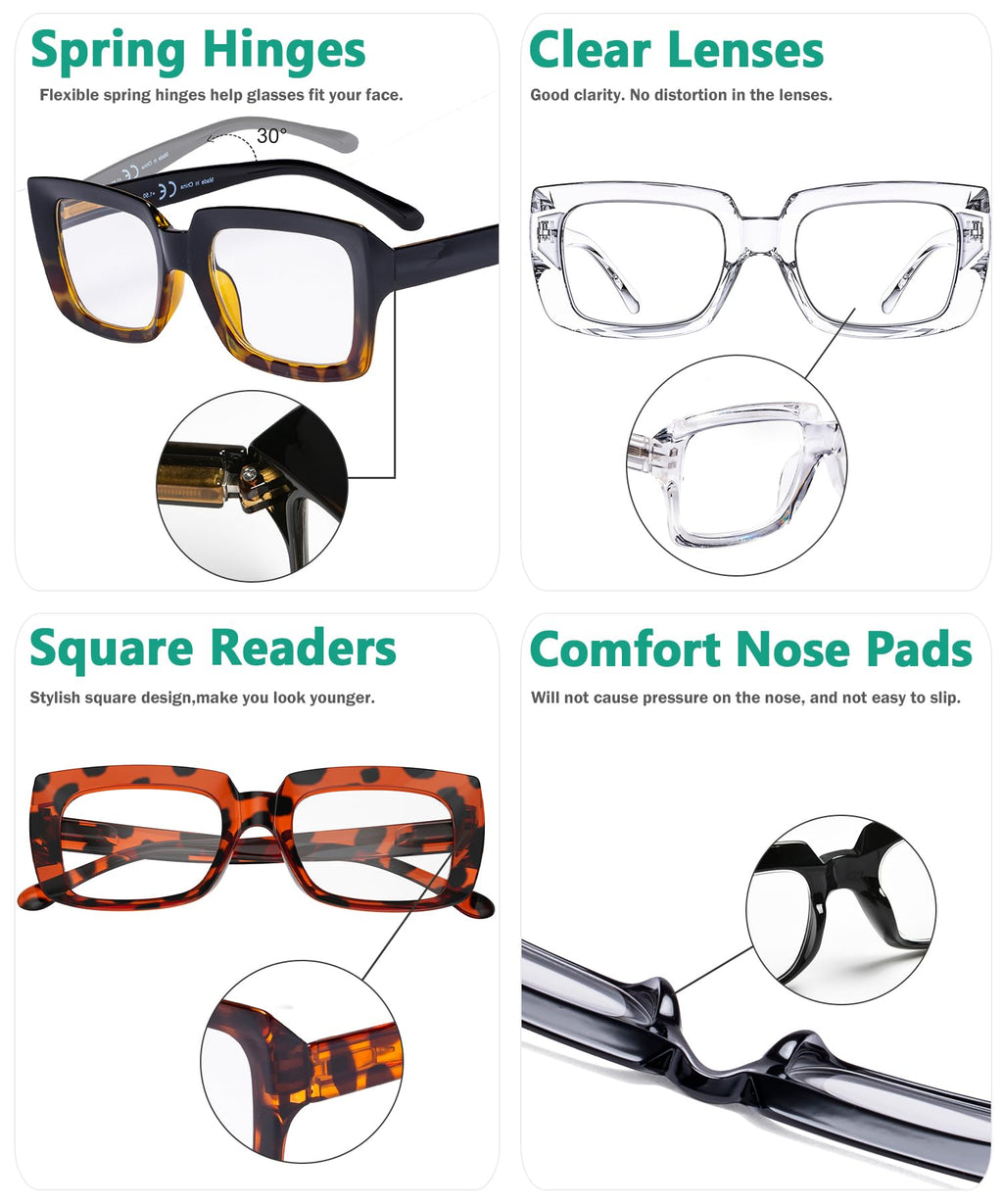 Eyekepper 4 Pack Ladies Reading Glasses - Stylish Oversized Square Readers for Women