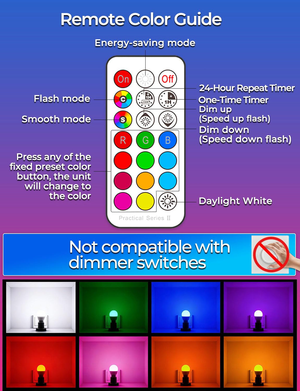 ILC RGB LED Light Bulb, A15 Color Changing 40W Equivalent, 5700K Daylight White, 450LM 5W E26 Screw Base RGBW, Mood Light Bulb - 12 Color Choices - Timing Infrared Remote Control Included (4 Pack)