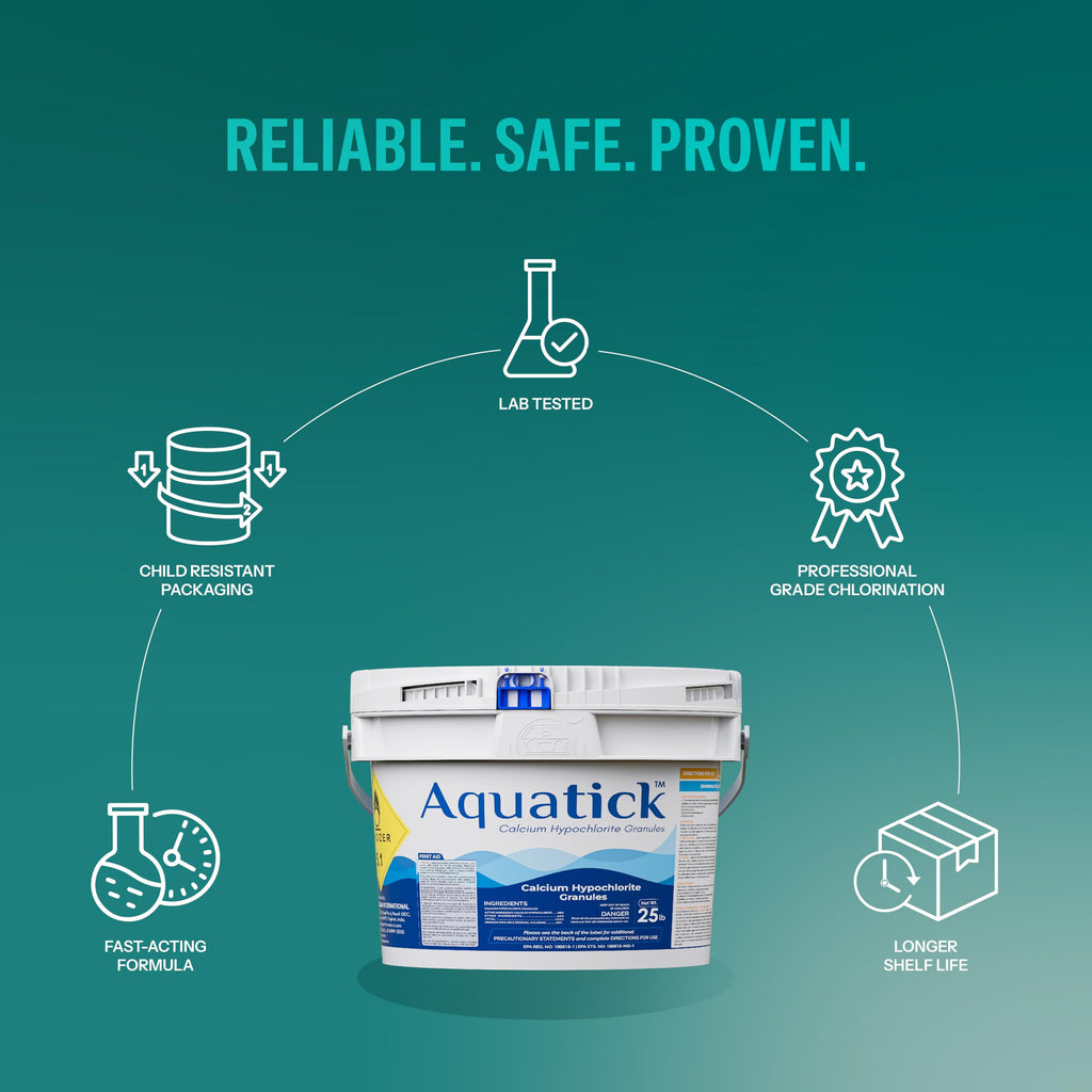 AquaTick 68% Calcium Hypochlorite Granules Pool Shock – 25 lb Bucket High Strength Non-Stabilized Chlorine for Swimming Pools and Spas