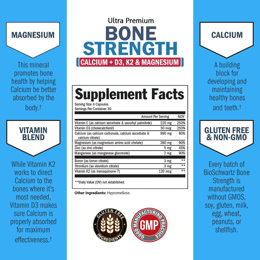 BioSchwartz Bone Strength Supplement - Gentle Non-Constipating Bone Health Supplement for Women & Men with 9-in-1 Complex with Calcium Magnesium Zinc D3 K2 & More - 3rd Party Tested - 1 Month