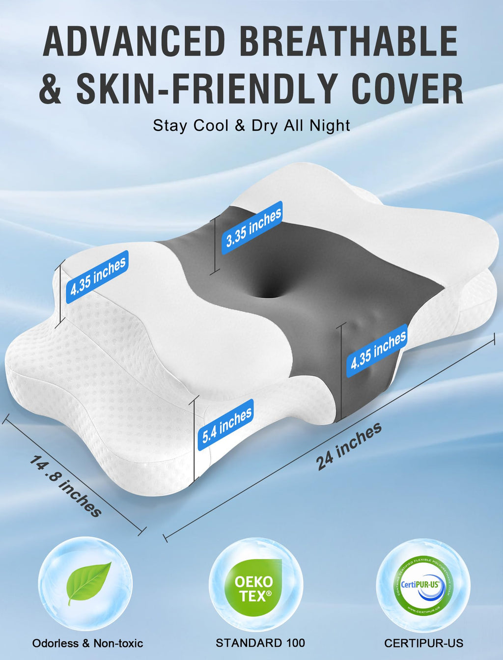 DISSA Cervical Neck Pillow for Side Sleepers Ergonomic Contour Memory Foam Pillow with Adjustable Orthopedic Neck Support for Pain Relief - Gift for Christmas & Birthdays