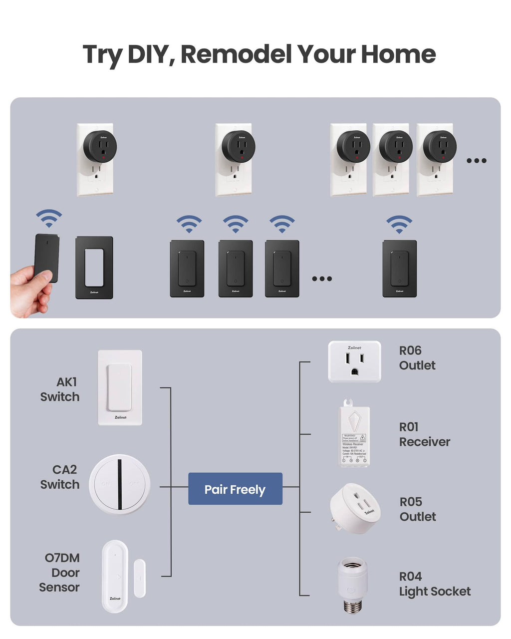 Zoiinet Remote Control Outlet Plug Switch, Buckle Design & Removable Wireless Light Switch, 300 ft, 1500W On Off Power Switch for Household Appliances, No Wiring No WiFi, Programmable, Black