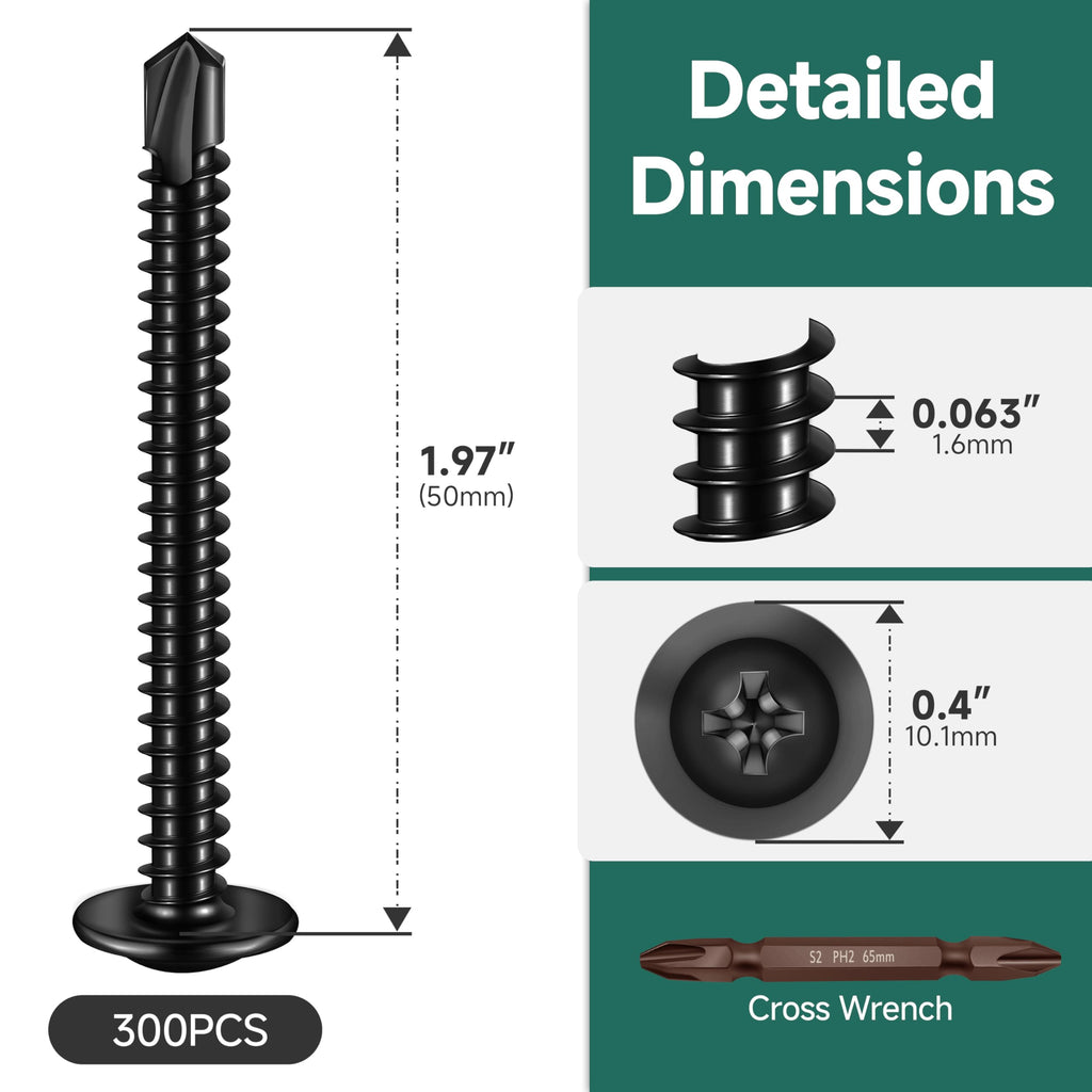 EASTPUK #10 x 2 Black Self Tapping Screws for Metal, Truss Head Phillips Drive 410 Stainless Steel Self Drilling Sheet Metal Screws with Drill Bit, Fast Tapping (Box of 300)
