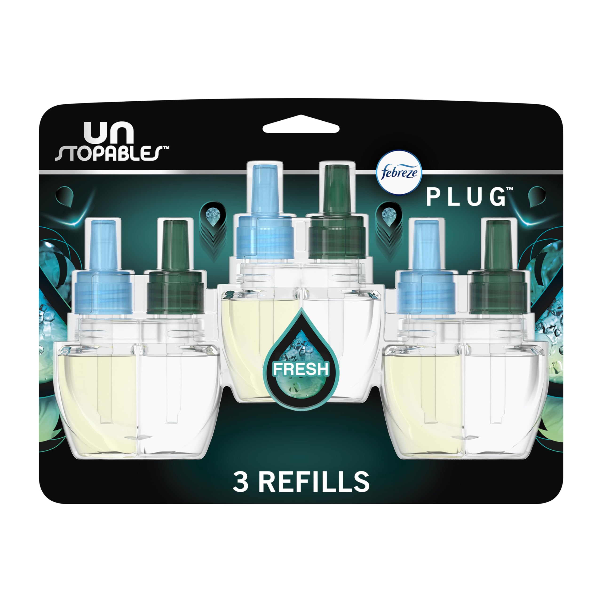 Febreze Plug-in Air Freshener, Odor-Fighting Scented Oil Refill, Air Fresheners for Home, Bathroom and Kitchen, Long Lasting, Unstopables Fresh Scent, 0.87oz Refills, Multi Color, 3 Count