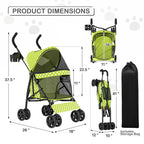 MoNiBloom 4 Wheels Pet Stroller, Easy-Fold Umbrella Shaped Dog Cat Jogger Stroller w/Storage Bag & Visible Mesh for Small/Medium Dogs Cats Lawn Green Polka Dots