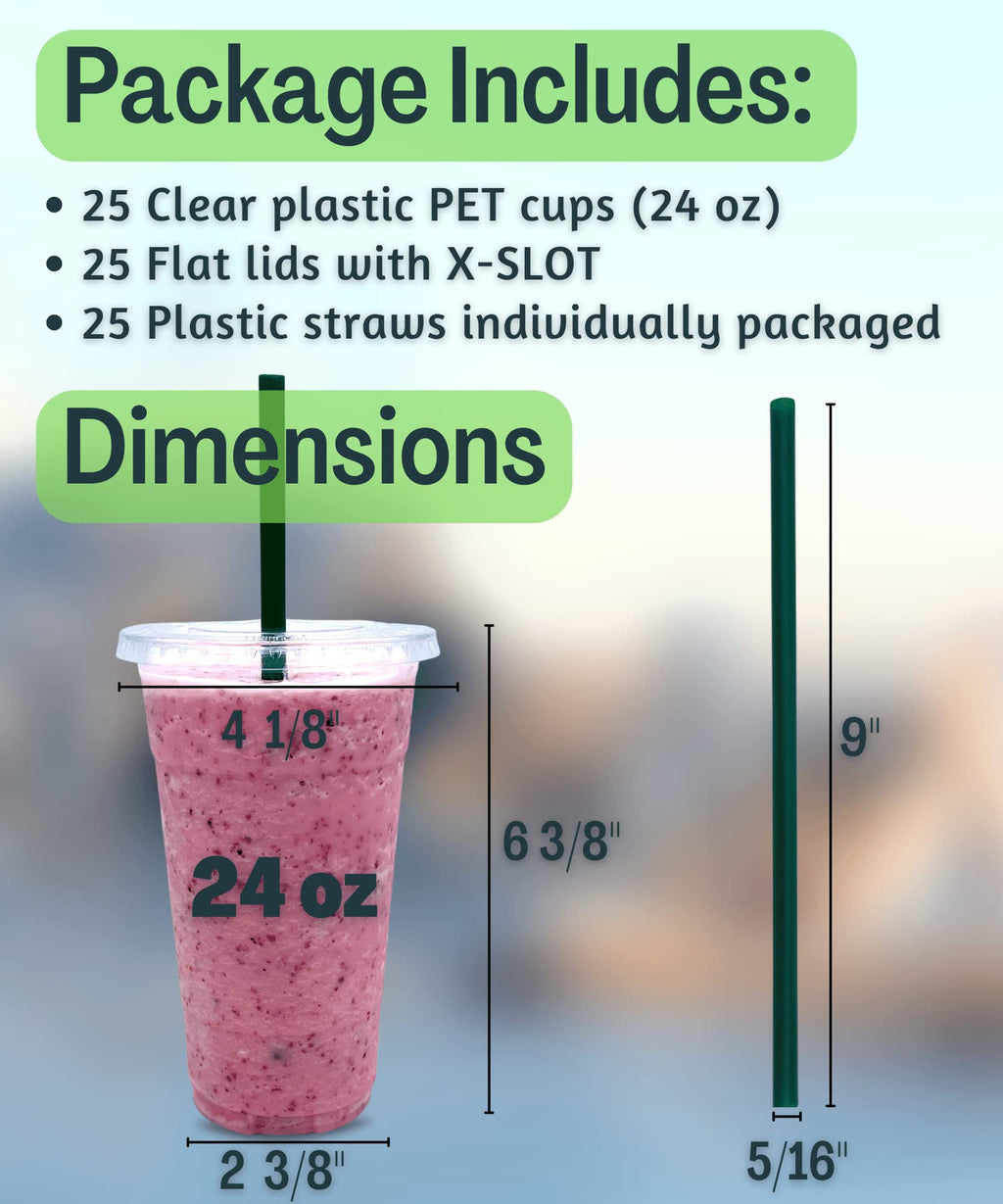 Cappatua 24 oz Clear Plastic Cups with Lids and STRAWS, Disposable Drinking Cups for Cold Drinks, Iced Coffee, Milkshakes, Smoothies, 25 Sets