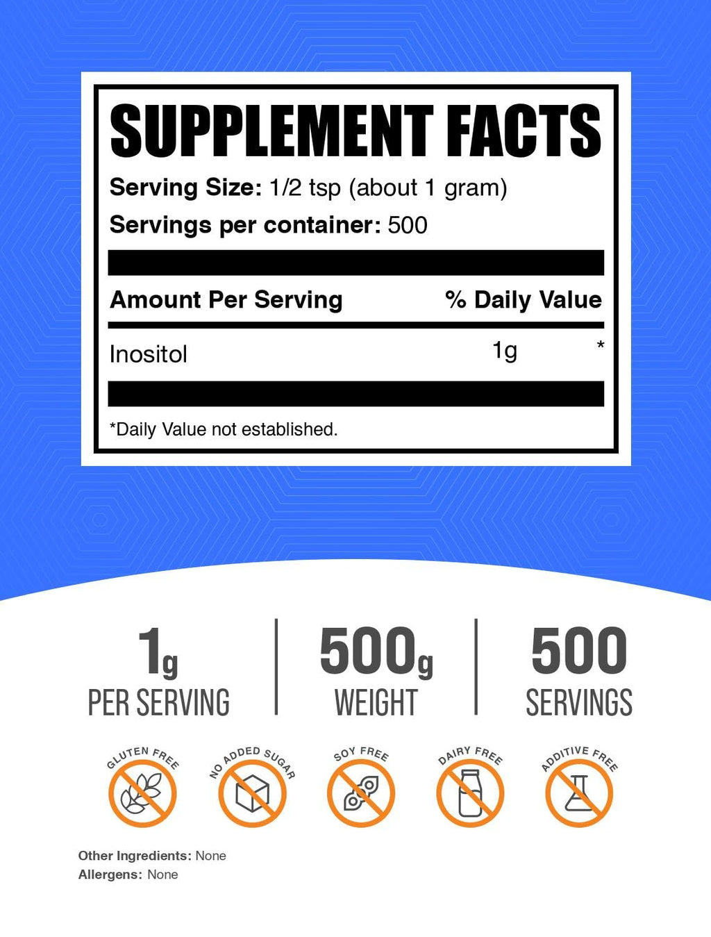 BulkSupplements.com Inositol Powder - Inositol Supplement, Vitamin B8 Supplement - Unflavored & Gluten Free, 1g per Serving, 500g (1.1 lbs) (Pack of 1)