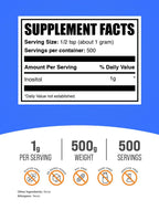 BulkSupplements.com Inositol Powder - Inositol Supplement, Vitamin B8 Supplement - Unflavored & Gluten Free, 1g per Serving, 500g (1.1 lbs) (Pack of 1)