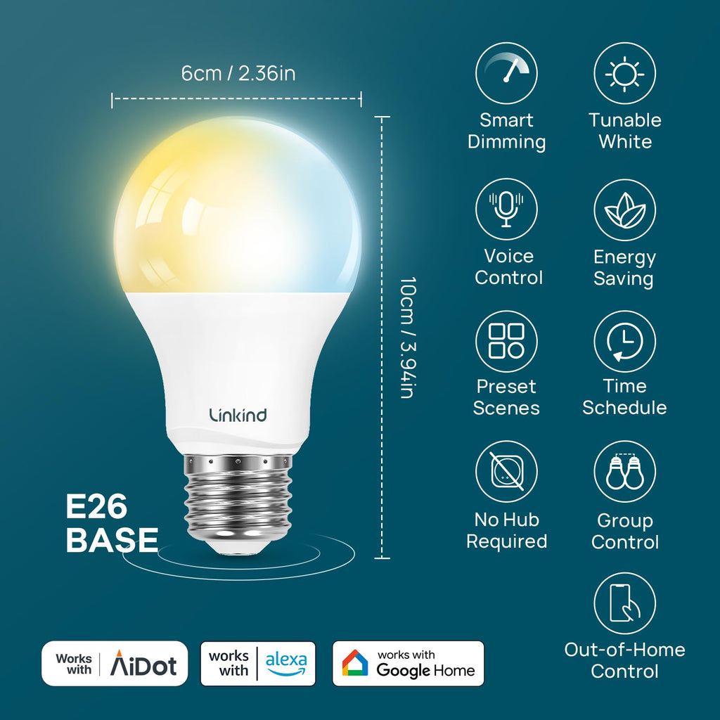 Linkind Smart Light Bulbs, Warm White to Daylight (2700K-6500K), Alexa Light Bulbs, Work with Alexa, Google Home, AiDot, 60W Equiv, Efficient 8.5W, 2.4G WiFi Bluetooth LED CRI>90, A19 E26 800LM, 4Pack