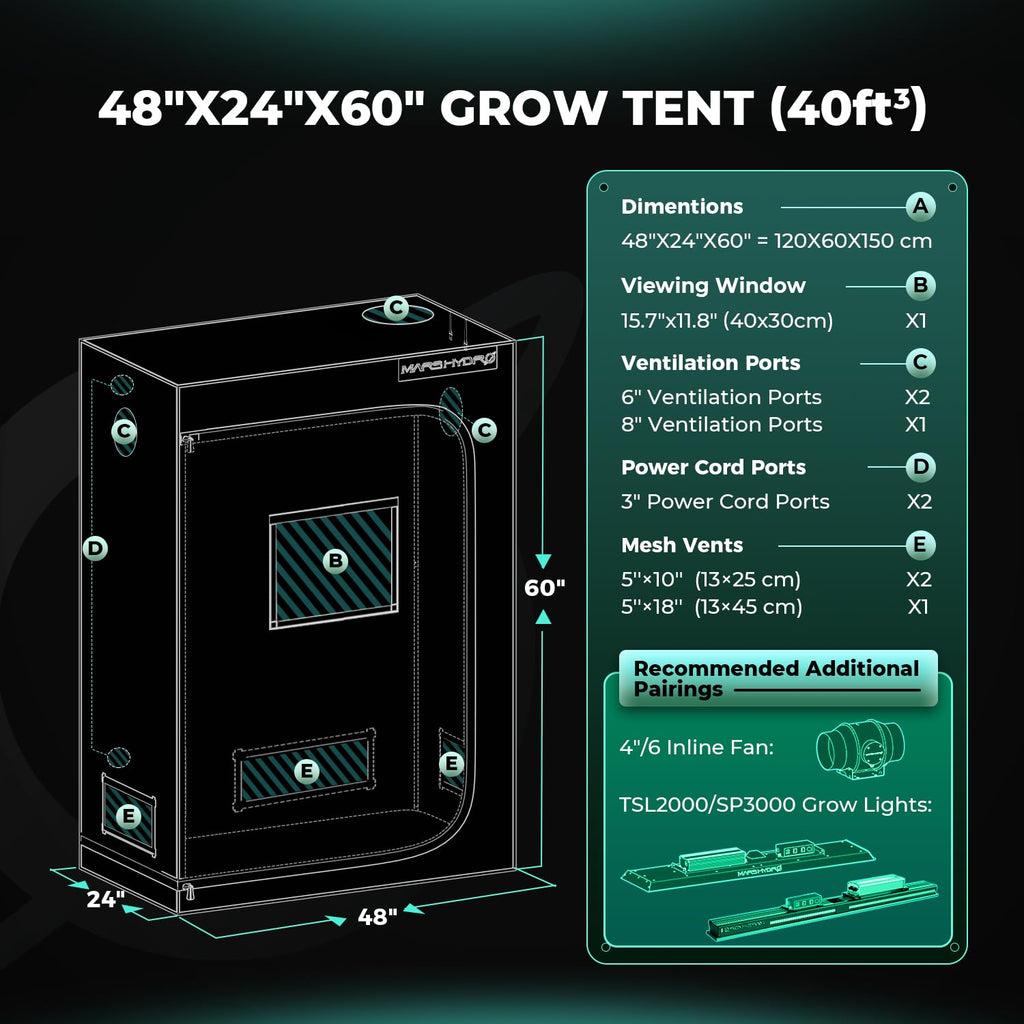 MARS HYDRO 4x2x6 Advanced Grow Tent, 48"x24"x71" High Reflective Mylar 1680D for Hydroponics Indoor Plant Growing, with Observation Window,Floor Tray and Smooth Zipper for TSL2000/SP3000