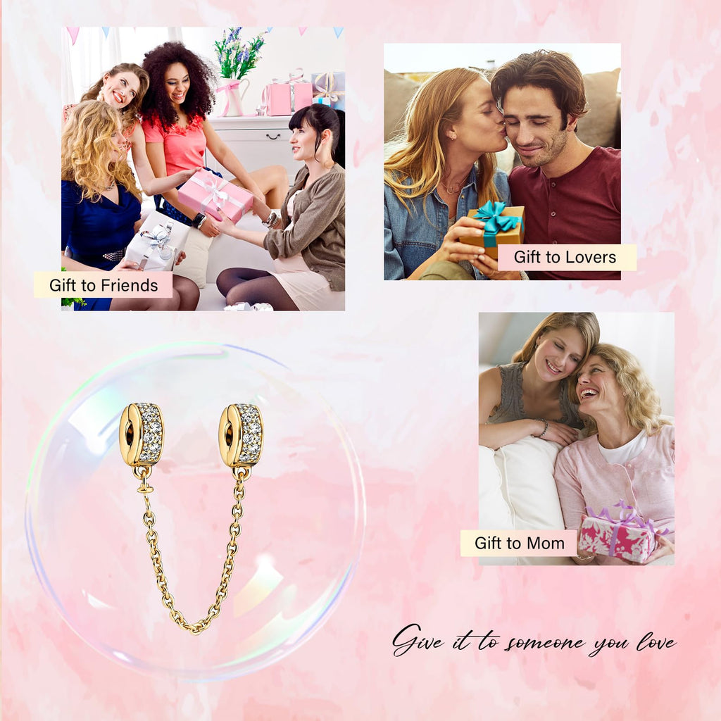 Amuefer Safety Chain Charms for Bracelets 925 Sterling Silver with Cubic Zirconia Spacer Stopper Birthday Christmas Jewelry Gifts for Women (14K Gold Plated Sparkling Crystal)