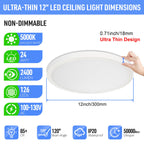 SunRider 2-Pack LED Flush Mount Ceiling Light Fixture, 5000K Daylight White, 2400LM, 12 Inch 24W 240W Equiv. Round Flat Ceiling Lamp, Non-Dimmable
