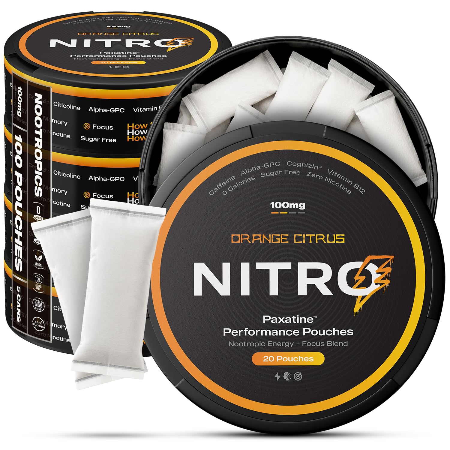 Nitro Nootropic Pouches - Energy + Focus Pouches - 100mg Caffeine, Alpha GPC, Cognizin® Citicoline, L-Theanine, Vitamin B12 - No Sugar, Nicotine-Free - 20 Pouches Per Can - 5 Pack - Orange Citrus