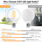 TJOY G25 Edison Globe Light Bulbs, LED Vanity Light Bulb for Bathroom, 60W Equivalent, 2700K Warm White, 500 Lumens, 5.5W, Dimmable, Clear Vintage Filament Globe, E26 Base, for Chandelier, 6 Pack
