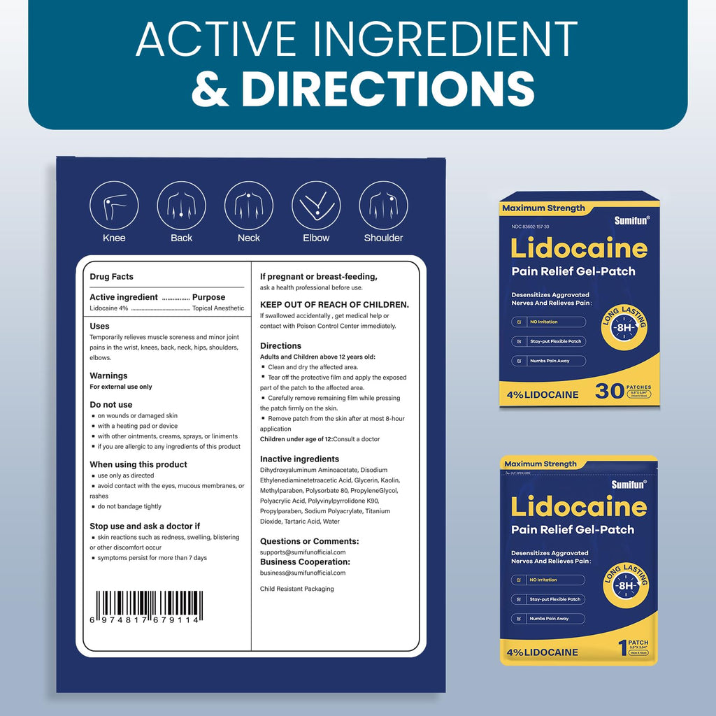 Sumifun 4% Lidocaine Pain Relief Patches 30 Count Maximum Strength Numbing Gel Patch for Back Knee Neck Joint Ache Muscle Soreness Topical Analgesic
