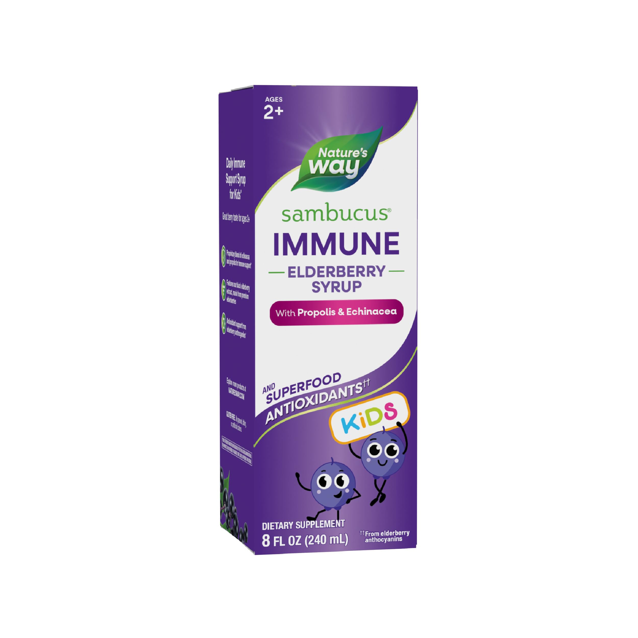 Nature's Way Sambucus Elderberry Immune Syrup for Kids Ages 2+, Echinacea & Propolis, with Superfood Antioxidants(1), Immune Support Syrup*, Vegetarian, Berry Flavored, 8 Fl Oz