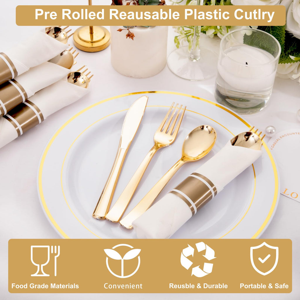 Joyido 400PCS Pre Rolled Gold Plastic Silverware Sets - Heavy Duty Gold Cutlery - Include 100 Pack Wrapped Disposable Utensils with Napkins for Parties, Dinners & Weddings