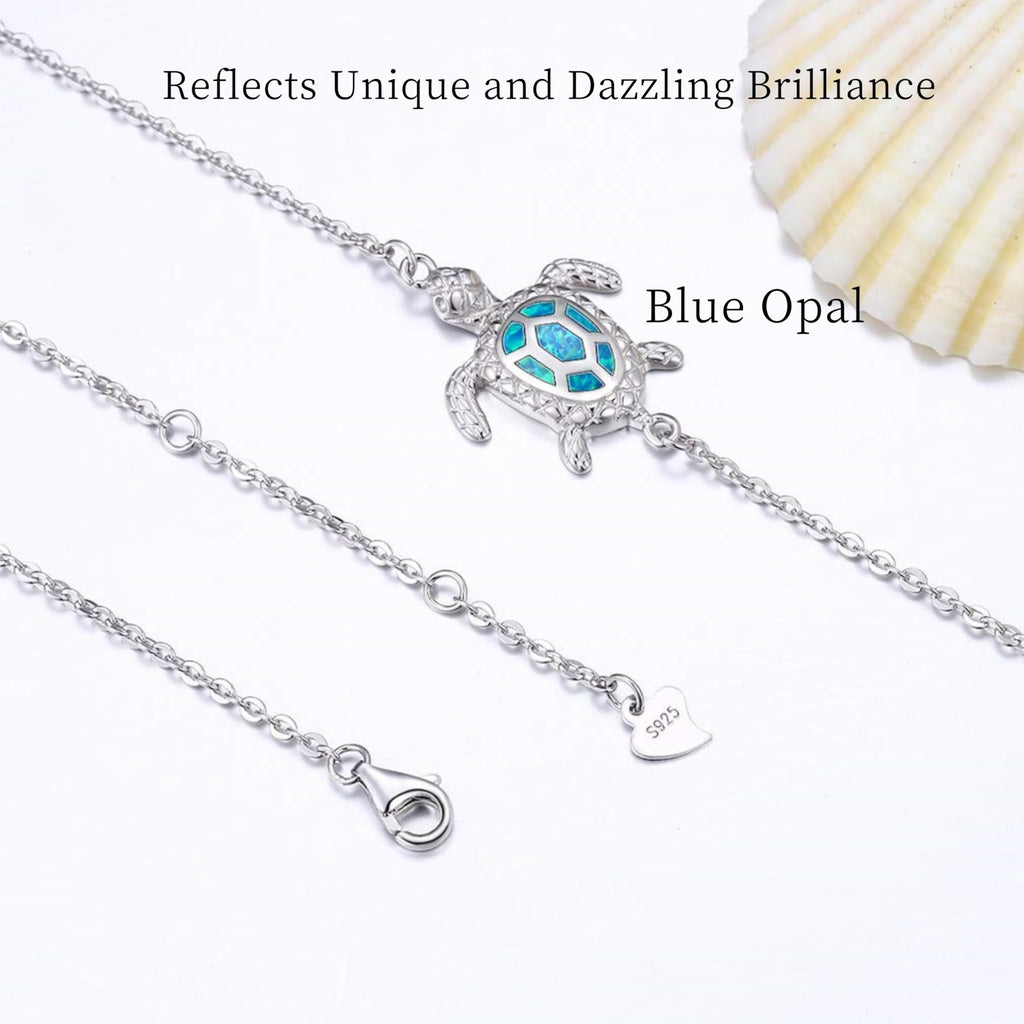 PUPILLEMON 925 Sterling Silver Blue Opal Sea Turtle Anklet for Women