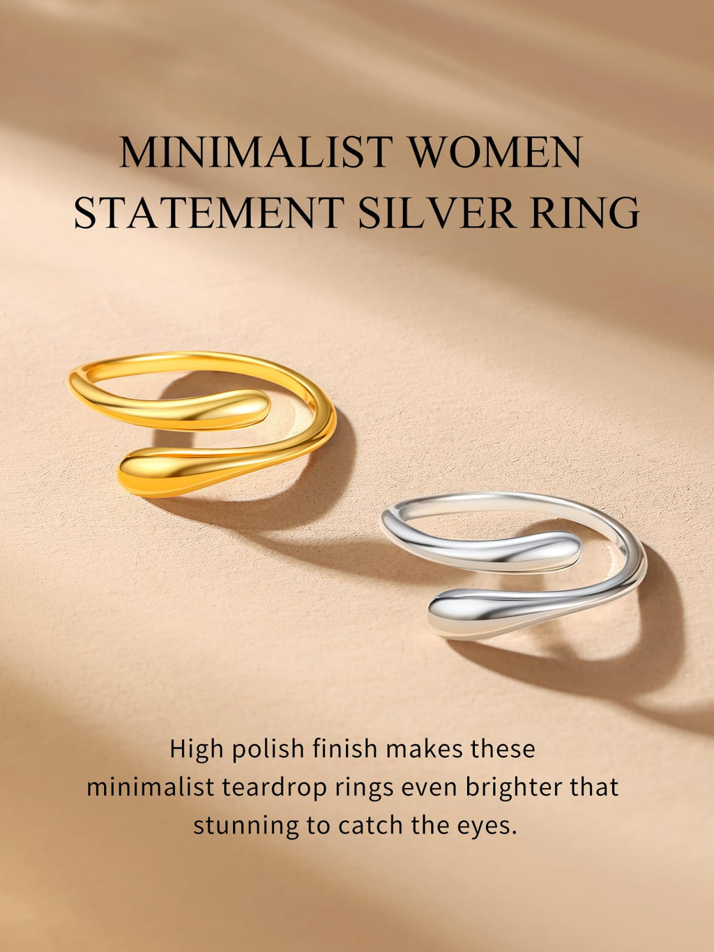 Bestyle Silver Ring for Women - 925 Sterling Silver Finger Wrap Teardrop Rings Minimalist Adjustable Open Rings for Women Simple Women Stacking Band Ring