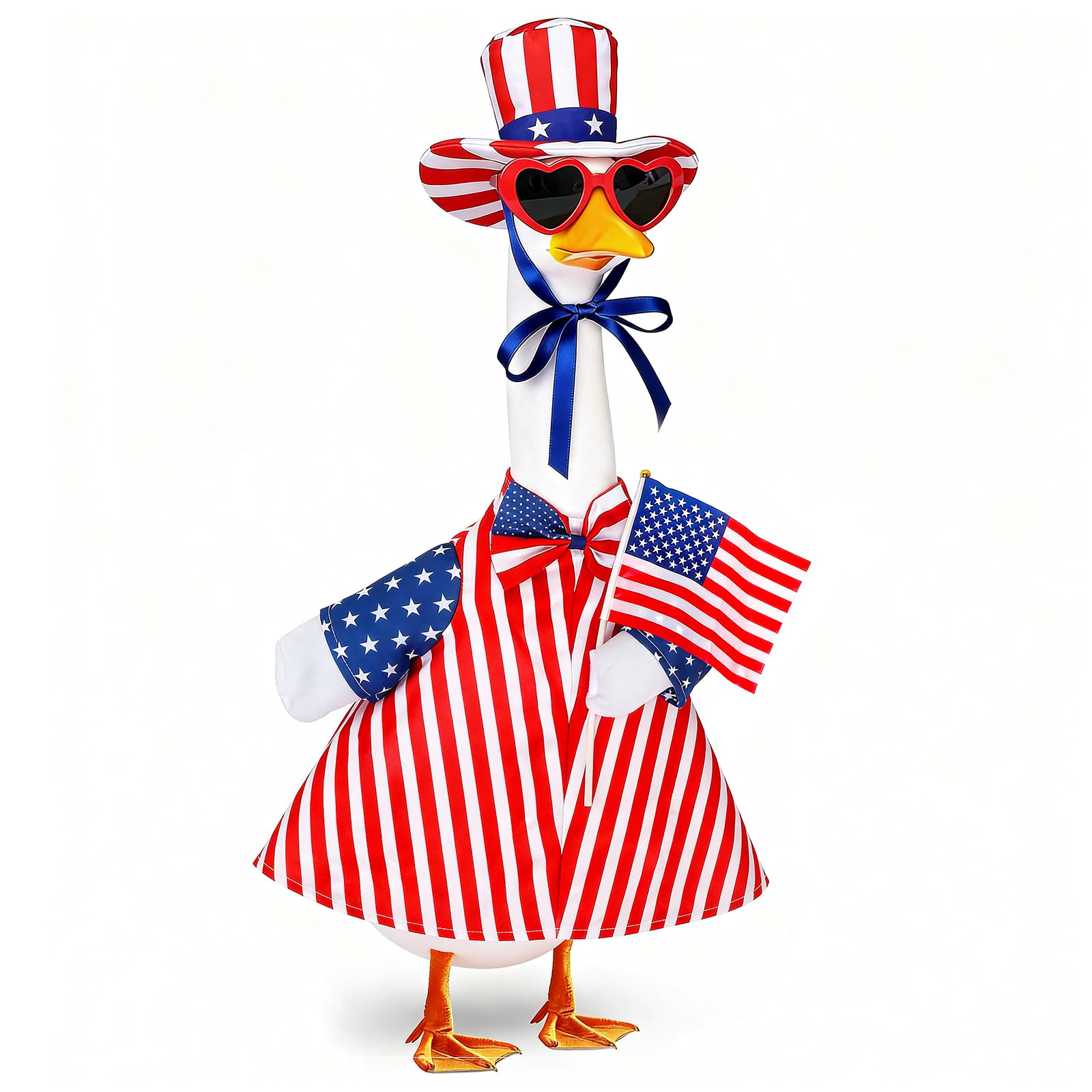 bomis Veterans Day Patriotic Porch Goose Outfits for 23 Inch Lawn Statue – Veteran Tribute Goose Costume with Red Heart Sunglasses, Star‑Striped Top Hat, Handheld American Flag