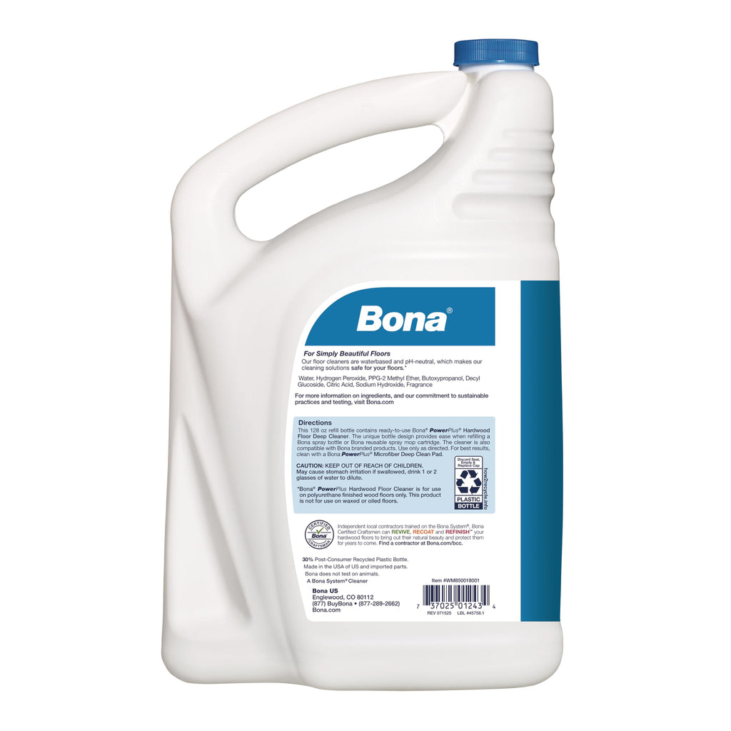 Bona PowerPlus Hardwood Floor Deep Cleaner Refill - 128 fl oz - Refill for Bona Spray Mops and Spray Bottles - Residue-Free Floor Cleaning Solution for Wood Floors