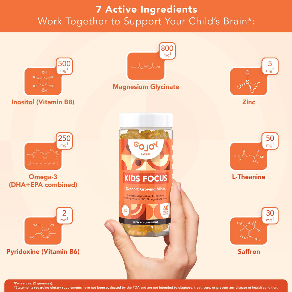 GOJOY NATURALS Kids Focus Gummies - 7-in-1 Focus & Attention Supplement for Kids & Teens w/Saffron Extract, Magnesium Glycinate, L-Theanine, Inositol & More - Vegan, Gluten & Sugar-Free, Non-GMO