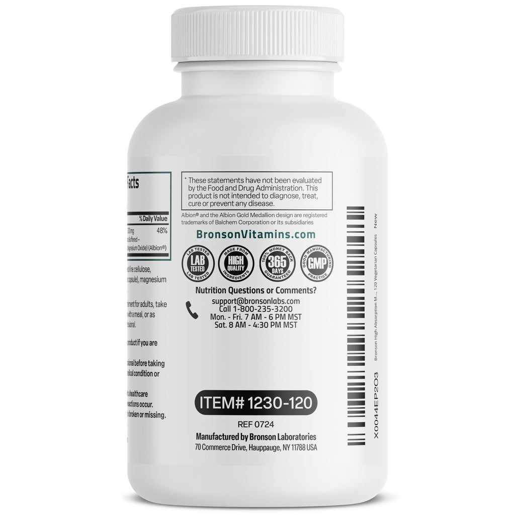 Bronson Magnesium Glycinate 200 MG per Serving Chelated for High Absorption, Gentle On Stomach, Non-GMO, 120 Vegetarian Capsules