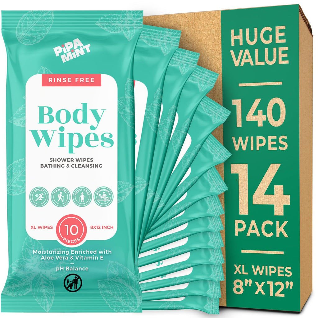 Body Wipes - (14 Pack) - 140 XL Bath Wipes for Adults No Rinse, Adult Wipe for Elderly - Body & Face Gentle Skin Cleansing, Shower Wipe Bathing for Travel, Elderly, Car, Gym, Camping (8x12 Inch)