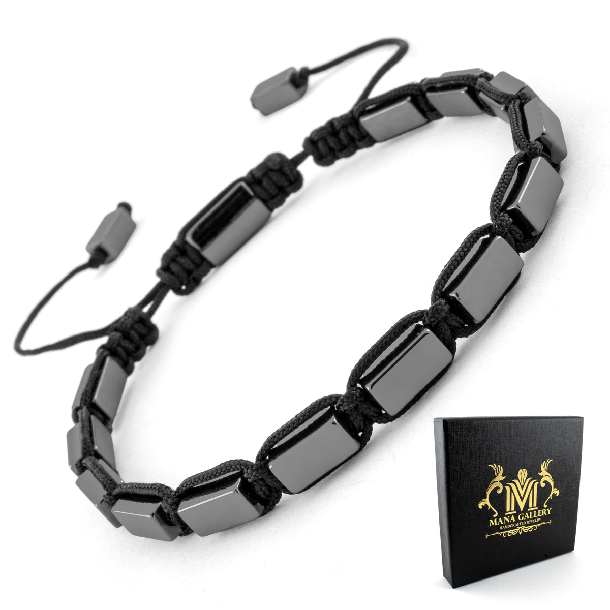 Mana Gallery Genuine Hematite Bracelet for Men & Women – Adjustable Macrame Sliding Knot – Metallic Gray Rectangular Beads – Minimalist Grounding & Protection