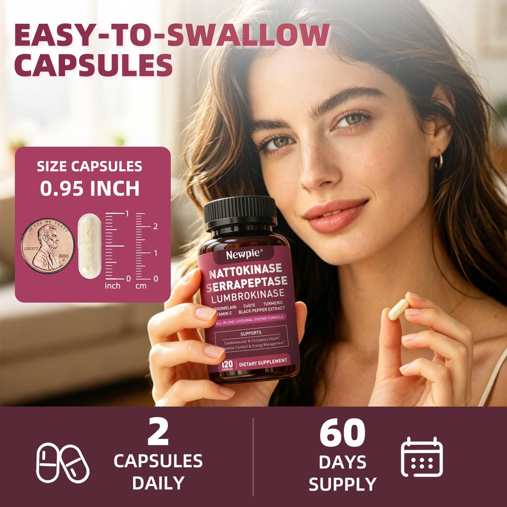 Nattokinase Supplement 12,000 FU - Systemic Enzymes Complex with Serrapeptase, Lumbrokinase & CoQ10 - Supports Cardiovascular Health, Blood Flow & Circulation - 120 Non-GMO Vegetarian Capsules