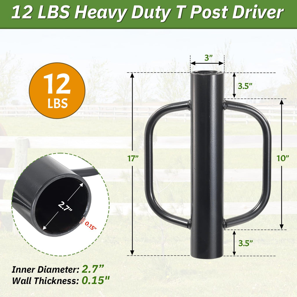 T Post Driver, 12 LB Metal Fence Post Driver with Handle, 2.7" Inner Diameter Manual Post Pounder, Heavy Duty Tpost Driver, Hand Post Rammer for U Fence Posts, T Posts, Wooden Posts, 17 Inch Black