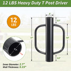 T Post Driver, 12 LB Metal Fence Post Driver with Handle, 2.7" Inner Diameter Manual Post Pounder, Heavy Duty Tpost Driver, Hand Post Rammer for U Fence Posts, T Posts, Wooden Posts, 17 Inch Black