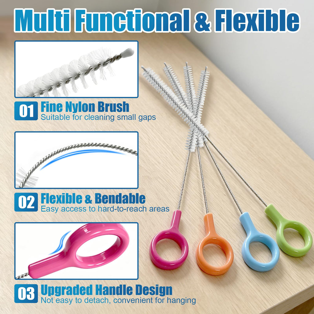 AONEZ Straw Cleaner Brush Set with Color Hanging Loop, 4 Pack