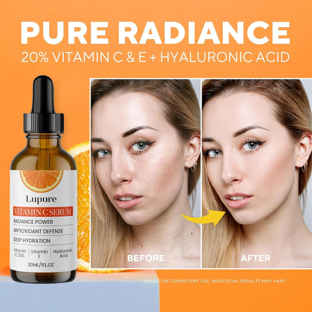 Lupure Professional Vitamin C Face Serum 20%, Anti Aging Facial Super Vit C Serum with Ascorbic Acid Hyaluronic Acid & Vitamin E for Dark Spots, Skin Care, Christmas Gift & Stocking | 1 Fl. Oz